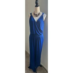 Spense Royal Blue Wrap Front Top Short Sleeve Silver Embellished Jumpsuit Sz 16W